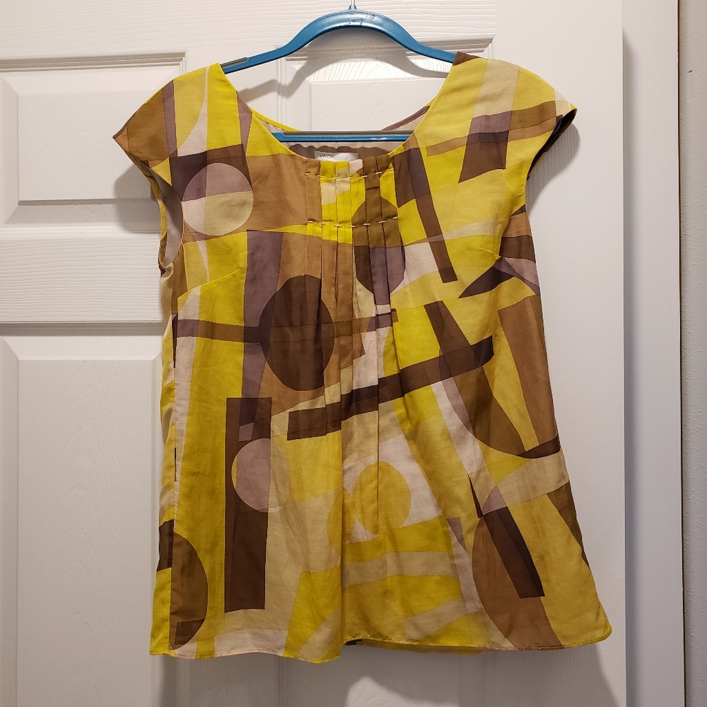 Vince. Abstract geometric silk-blend capsleeve blouse - mustard and mauve purple